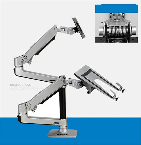 Slick Full Motion Desk Mount For 17-32 Inch Monitors And 10-15.6 Inch Laptops, dual arm design with smooth gas spring mechanism.