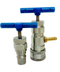 One Quarter Inch Hydraulic Quick Coupling Pressure Decompression Tool ISO 7241-B Relief with adapters visible and blue handles