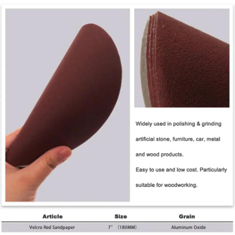 Premium Flocking Sandpaper Discs 5 Inches Hook Loop PSA For Polishing Grits 40 To 2000 With Durable Alumina Coating And Quick Swap Flannelette Backing showing red sandpaper in hand.