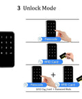 Heavy Duty RFID Lock For Gym Lockers With Password And Keycard Access Secure Cabinet Padlock For Office Drawers showing unlock modes.