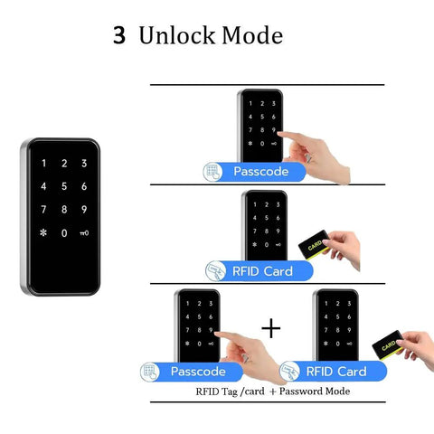 Heavy Duty RFID Lock For Gym Lockers With Password And Keycard Access Secure Cabinet Padlock For Office Drawers showing unlock modes.
