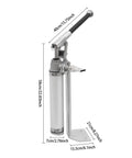 Heavy Duty Manual Loading Paste Pump With 15 Inch Handle And Stable Aluminum L Base For Thick Liquids, side view showing dimensions.