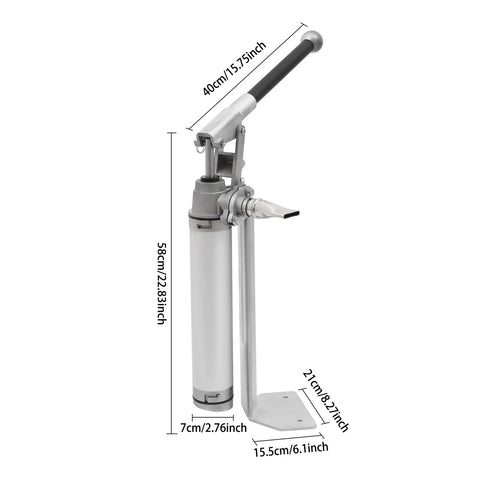 Heavy Duty Manual Loading Paste Pump With 15 Inch Handle And Stable Aluminum L Base For Thick Liquids, side view showing dimensions.