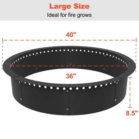 Smokeless Fire Pit Ring Liner For Outdoor Use Heavy Duty Solid Steel Rim Insert 40 Inch Outer Diameter And 36 Inch Inner Diameter Fits Above Ground Or In Ground DIY Campfires Black Finish. Visible with dimensions marked in red.