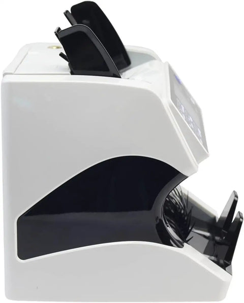 Side view of Super Fast Automatic Money Counter With Touchscreen Panel And Multi Currency Mix Value Tally Machine.