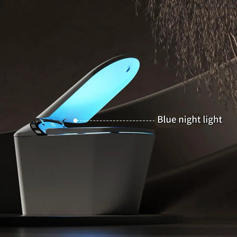 Slick Black Smart Toilet With Built In Bidet And Heated Seat Offering Pre Wet Rinse And Adjustable Warm Water Streams For A Legit Top Shelf Fresh Setup Straight Up with blue night light feature.