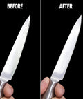 Before and after knife sharpening using Replacement Sanding Belt Kit 3/4x12 for Ken Onion Edition Knife Sharpener.