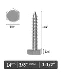 Beefy Three Eighths Inch By One And A Half Inch Hex Head Lag Screws Stainless Steel 304 Grade 14 Pack For Decks TV Mounts Boats And Heavy Woodworking Projects