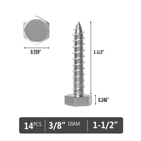 Beefy Three Eighths Inch By One And A Half Inch Hex Head Lag Screws Stainless Steel 304 Grade 14 Pack For Decks TV Mounts Boats And Heavy Woodworking Projects