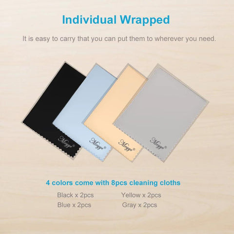 Mcyye 8-pack microfiber cleaning cloths for glasses and screens, 6x7 in; black, blue, yellow, gray (2 each)