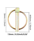 Eight Pack Five Sixteenth Inch Lynch Pins With Rings Heavy Duty Kit for tractors shown with measurements.