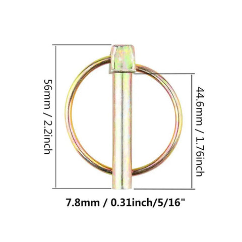 Eight Pack Five Sixteenth Inch Lynch Pins With Rings Heavy Duty Kit for tractors shown with measurements.