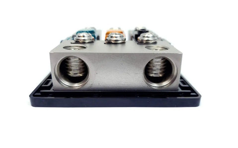 Bassik High Current 3 Way Fuse Distribution Block for Car Audio Accepts 0 or 4 Gauge Input Two Fused 0 Gauge Outputs and One Fused 4 Gauge Output 300 Amp Capacity Heavy Duty Power Block With Secure Set Screws, silver metal fuse block