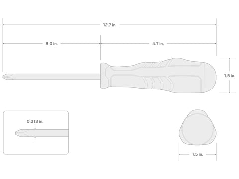 Long Phillips Head Screwdriver Size Three With High Torque And Three Sided Handle, technical drawing with dimensions, truncated tip.