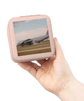 Pink Jewelry Travel Case With Plush Interior Cushioned Lining Ultra Compact 4 X 4 X 2 Inch Size held in hand