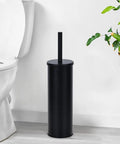 Heavy Duty Toilet Plunger With Sleek Floor Holder next to toilet, matte black finish, sturdy grip for unblocking drains.