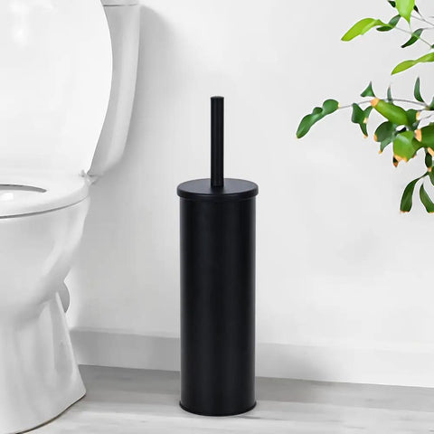 Heavy Duty Toilet Plunger With Sleek Floor Holder next to toilet, matte black finish, sturdy grip for unblocking drains.