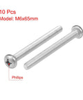 M6x65mm Stainless Steel Machine Screws Pan Head Phillips Drive 304 Grade Fasteners Bolts For Metal Wood Electronics Projects