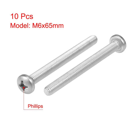M6x65mm Stainless Steel Machine Screws Pan Head Phillips Drive 304 Grade Fasteners Bolts For Metal Wood Electronics Projects