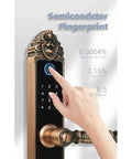 Knocks Out Burglary Hassle Smart Door Lock With Touchscreen Fingerprint Scanner RFID Card And Numeric Code Entry with a hand using the keypad.