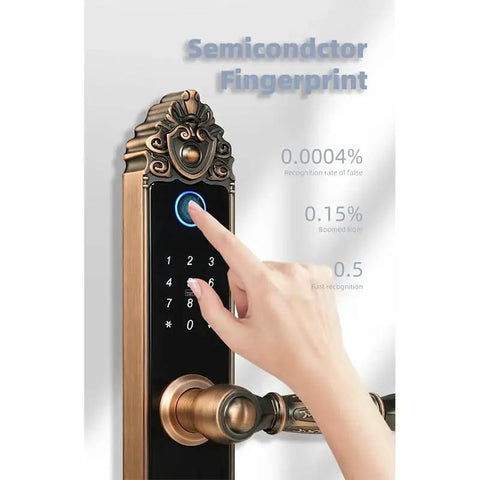 Knocks Out Burglary Hassle Smart Door Lock With Touchscreen Fingerprint Scanner RFID Card And Numeric Code Entry with a hand using the keypad.