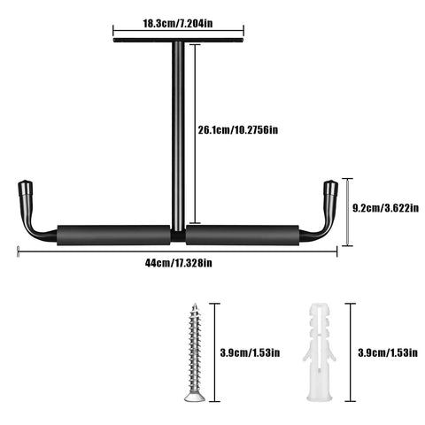 Dimensions of Overhead Ceiling Hook Rack 4 Pack Heavy Duty Ceiling Mount Hangers With Double T Bar for Garage Storage shown.