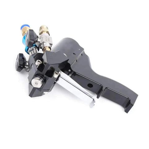 Heavy Duty P2 Pu Foam Spray Gun With No Sweat Self Cleaning Air Purge Valve and Multi Angle tips shown from side view, iron construction.
