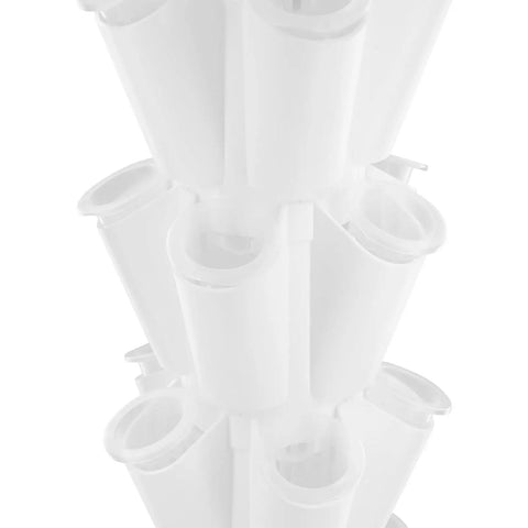 Close-up of white 40 Pod Smart Indoor Hydroponic Garden Tower with cylindrical planting cells for homegrown herbs and veggies