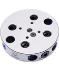 Top Shelf Precision Round Zero Point Clamping Plate Four Point Seven Two Inches Wide For Five Axis Cnc Milling And Robot Gripper Stations, Hardened Steel Quick Release Tooling Base With Jig Ground Mounting Holes For Dead Nuts Alignment On Heavy Duty Shop, overhead view showing multiple clamping holes.