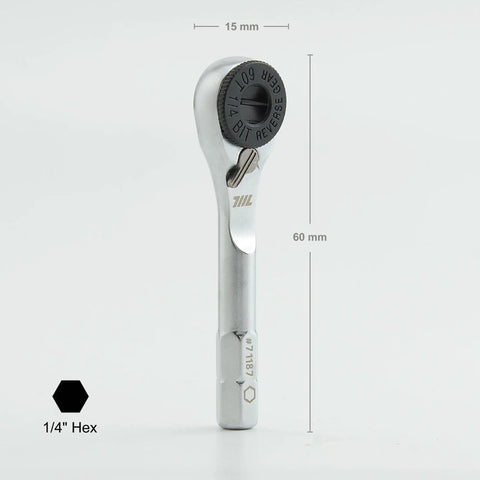 Go To One Quarter Inch Hex End EDC Ratchet Wrench For Multitools With Hex Bit Adapters Stainless Steel Build, front view.