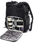 Big Capacity Laptop And DSLR Video Camera Backpack With All Weather Cover, open front showing padded compartments and camera gear.