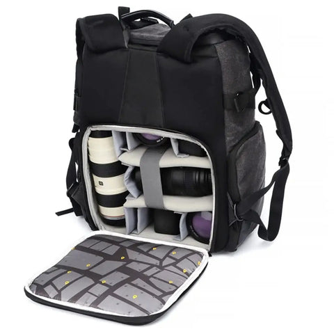 Big Capacity Laptop And DSLR Video Camera Backpack With All Weather Cover, open front showing padded compartments and camera gear.