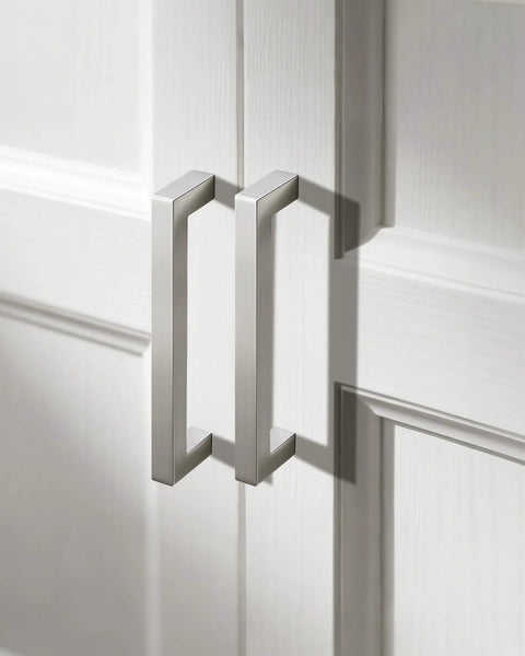 Five Inch Stainless Steel Cabinet Handles 10 Pack Brushed Nickel Modern Kitchen Cupboard Pulls installed on white cabinet doors