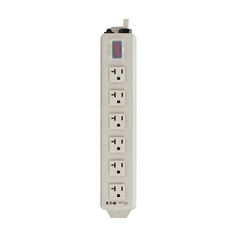 Heavy Duty 20 Amp Power Strip With 6 Outlets, All Metal Housing, view of front outlets and on off switch cover