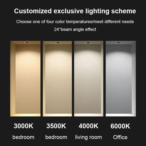 12 Pack 2.5 Inch Led Recessed Lighting With Slick Baffle Trim And Adjustable 30 Degree Angle For Chill 3000K To 6000K Warm Glow Using Tough Aluminum Housing For No Glare Smooth Spotlight Rooms showcasing various color temperatures in recessed lighting.