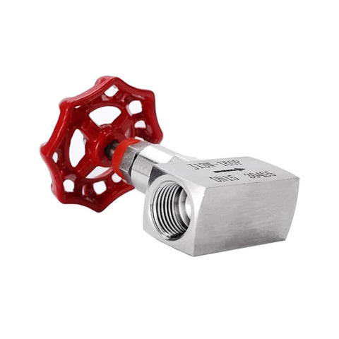 Angled front view of 304 stainless steel high-pressure needle valve with red handwheel and female-threaded outlet