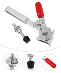 Two Pack Welding Toggle Clamps Fixed Clamp For Woodworking Jigs And Holding Fixtures, Portable And Durable Countertop Welding Accessory With Robust Iron Construction For Heavy Duty Use In Busy Shops, shown with red handle and metal components.