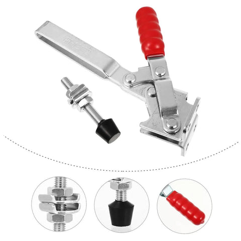 Two Pack Welding Toggle Clamps Fixed Clamp For Woodworking Jigs And Holding Fixtures, Portable And Durable Countertop Welding Accessory With Robust Iron Construction For Heavy Duty Use In Busy Shops, shown with red handle and metal components.