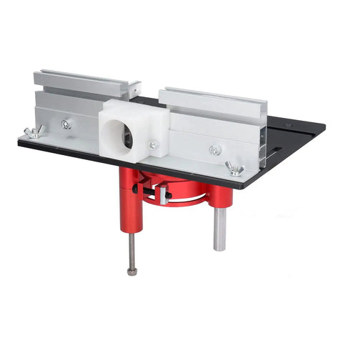 Tough as Nails Router Table Insert Plate With Heavy Duty Lift Base Support Rod Kit showcasing adjustable height and durable design.