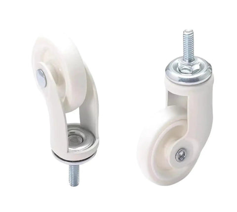 Close-up of White Universal Furniture Casters Set of Four Screw On M6 Wheels 1.5 Inch 360 Degree Swivel for easy mobility on furniture