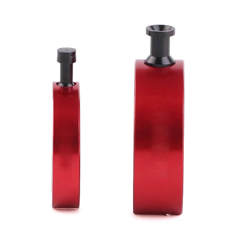 Two red metal swashplate leveler tools for RC helicopters, side view, for 380 to 700 model sizes