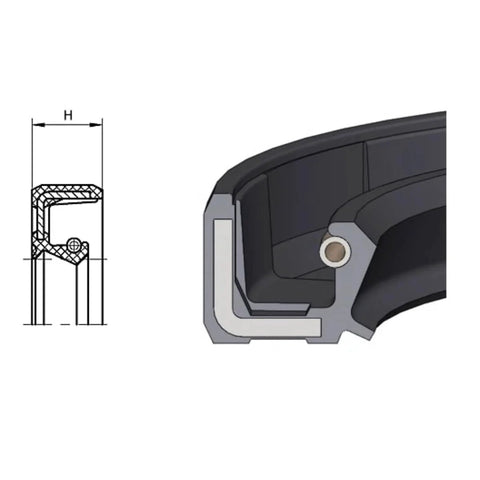 Oil seal, cross-section and installed view; 2pc, 0.750 x 1.125 x 0.250 in, double-lip TC rotary shaft seal.