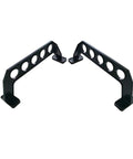 Garage Door Organizer Rack for Fishing Gear and Tools 18 Inch ABS Plastic Rod Holder Ultimate Garage Storage System with Clamping Hardware Fits Most 5 Panel Doors USA Made, angled view of black rack showing holes for rods.