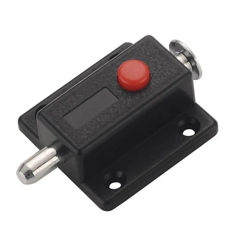 10 Pack Hella Sturdy Automatic Spring Latch Bolt For Cabinets Drawers And Doors Black Straight Up Reliable Abs Housing With Corrosion Resistant Iron Pin Quick Easy Install Home Hardware Solution. Close-up view of spring latch with red button and iron pin.