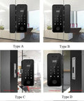 Slick Smart Fingerprint Door Lock And Password Code For Frameless Sliding Doors displayed in Type A, B, C, and D installations.