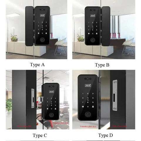 Slick Smart Fingerprint Door Lock And Password Code For Frameless Sliding Doors displayed in Type A, B, C, and D installations.