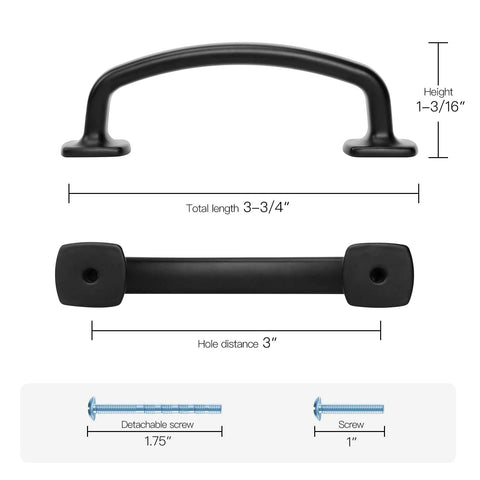 Arch Cabinet Pulls 3 Inch Matte Black Solid Zinc Die Cast 10 Pack showing dimensions and screws for easy install.