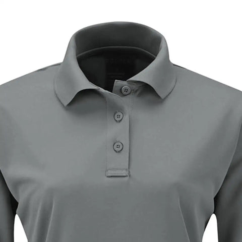 Women's Long Sleeve Polo Shirt Grey Large Classic Fit Work Uniform Top Budget Friendly Professional Corporate On Duty Gear Real Daily Grind Pick For Staff And Crew Members Seeking A Straightforward Look That Holds Up Tight - Close-up of collar and buttons