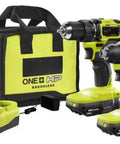 Compact 18V Brushless Drill And Impact Driver Combo Kit With 2 15Ah Batteries Charger And Rolling Tote on display with tools and charger.