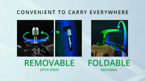 Image showing the Grab And Go Pocket Remote Controller With Hall Gimbal And EdgeTX Firmware, highlighting removable rod ends and foldable antenna.